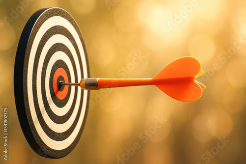 A strategic focus is depicted by an orange dart precisely hitting the center a circular target with concentric rings symbolizing goal achievement and accuracy in business