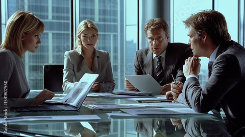 Business professionals, both men and women, discussing work around a glass table with documents and laptops.