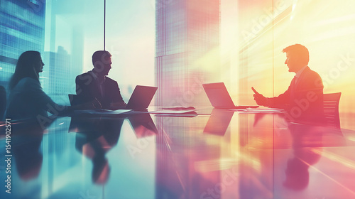 Business professionals, both men and women, discussing work around a glass table with documents and laptops.