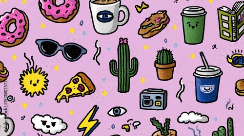 cute doodle pattern with quirky characters on pastel background in kawaii style