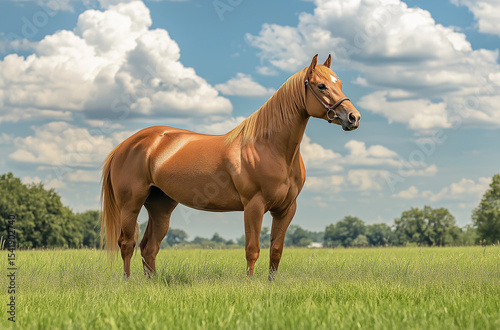 A majestic brown horse with a golden mane stands in the vibrant green grass of an expansive field. 