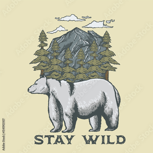 Illustration vector of Walking bear with mountain and forest background nature wildlife illustration perfect for tshirt design, adventure themed, educational materials, posters design, nature themed,