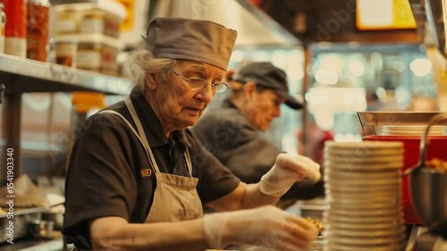 An elderly woman wearing a cap, working in the kitchen of a fast food restaurant. Old age and economic hardship, facing low-wage jobs