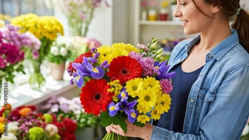 Woman Holding Colorful Flower Bouquet in Flower Shop Smiling Portrait