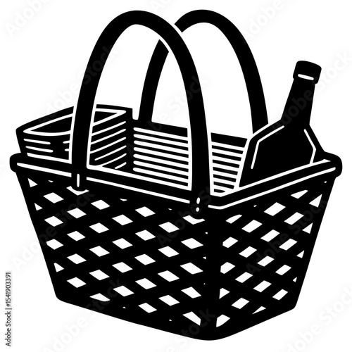 Picnic Basket Vector – Generative AI & Linocut Silhouette Illustration for Summer Outings