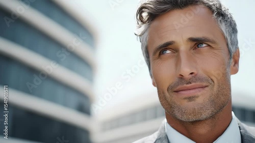 Mature man with gray hair and a thoughtful expression outdoors in front of a modern building.