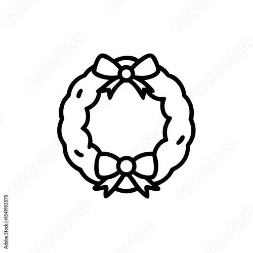 Circular Christmas Wreath Icon Line Art Design Two Bows Handmade Autumn Decoration Festive Winter Holiday Symbol Simple Black