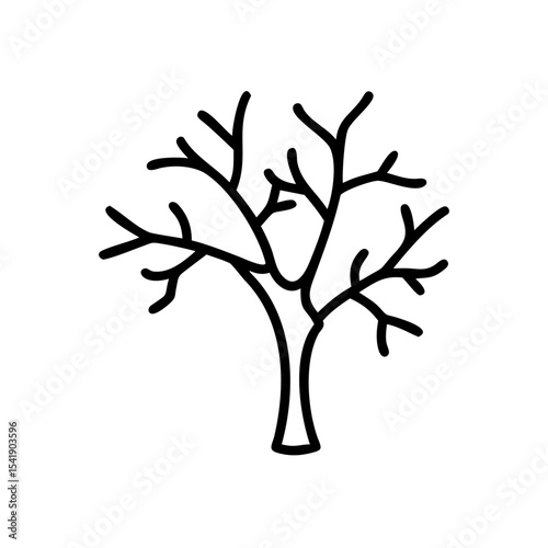 Black Line Art Drawing of a Bare Branching Tree Isolated on White Background Simple Autumnal Handmade Design Element