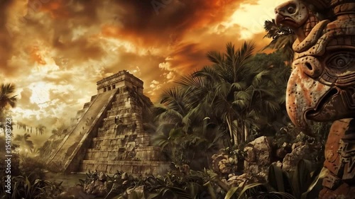 Ancient Mayan pyramid surrounded by lush jungle vegetation and statues of gods under dramatic stormy sky with mysterious archaeological atmosphere and tropical rainforest setting in the background