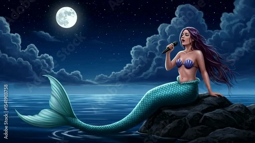 A serene mermaid singing under a full moon, perched on a rock by a calm ocean, with clouds