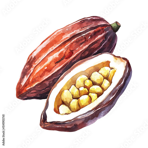 Watercolor illustration of cocoa pods and beans on transparent background vector