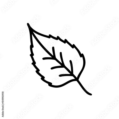 Single Black Line Drawing of a Leaf with Jagged Edges and Central Vein Handmade Autumn Illustration