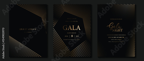 Luxury wedding invitation card background vector. Golden elegant gold wavy lines on dark background. Premium design illustration for wedding and vip cover template, banner, poster.