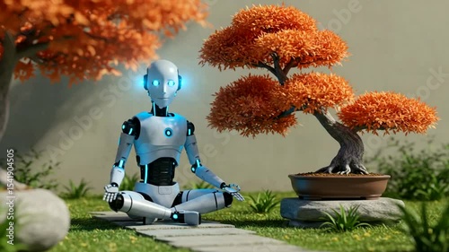 A serene robot meditating beside a bonsai tree in a tranquil garden setting