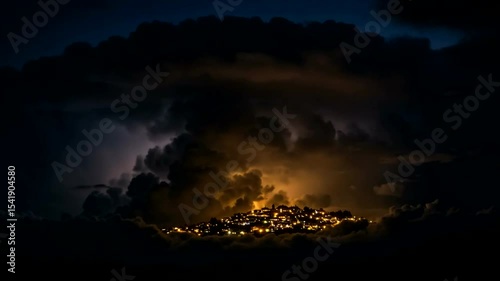 A serene night view of a village illuminated by warm lights beneath a dramatic stormy sky