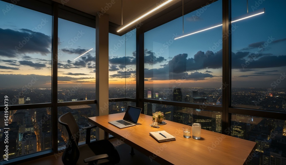 Fototapeta premium Modern office with a panoramic view of the city at sunset, featuring a desk setup and large windows.