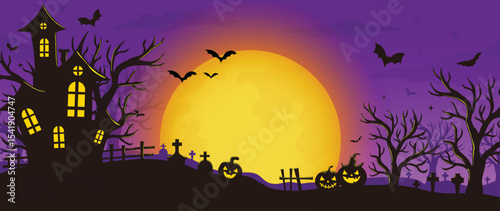 Happy Halloween background design vector. Wallpaper with spooky ghost, pumpkin, bat, moon, skull, grave, castle, tree. Illustration halloween festival for decoration, prints, website, promotion, ads.