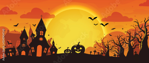 Happy Halloween background design vector. Wallpaper with spooky ghost, pumpkin, bat, moon, skull, grave, castle, tree. Illustration halloween festival for decoration, prints, website, promotion, ads.