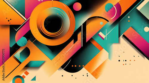A dynamic abstract design with geometric shapes in bold colors like orange, teal, and magenta.