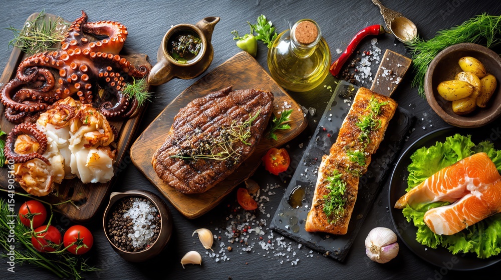 Fototapeta premium Gourmet Assortment of Seafood and Steak Dishes on Dark Background
