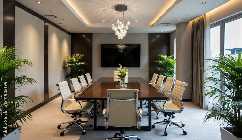 Fototapeta premium Modern Conference Room with Wooden Table, Ergonomic Chairs, and Indoor Plants