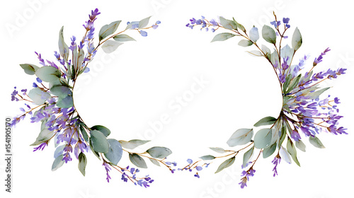 Delicate floral wreath frame with watercolor lavender and eucalyptus leaves photo