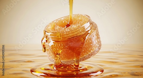 A stream of thick golden honey pours over a piece of natural honeycomb, with sweet liquid dripping down its sides into a shimmering pool of amber nectar on a warm background.
