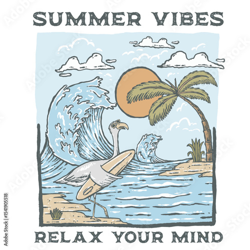 Illustration vector graphics of cool seagull with sunglasses carrying surfboard on beach with ocean waves perfect for summer themed design, tshirt design, posters, greeting cards.