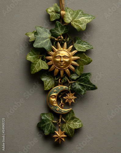 Gold Sun Moon And Stars Ornament with Green Ivy Leaves on Grey Background