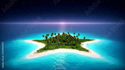 A serene star-shaped tropical island surrounded by clear turquoise waters at sunset