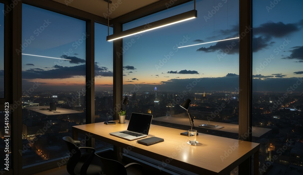 Fototapeta premium Modern Office Workspace with Cityscape View at Dusk