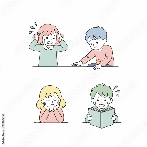 Minimalist Line Art Children Emotions Problems Illustration Various Expressions