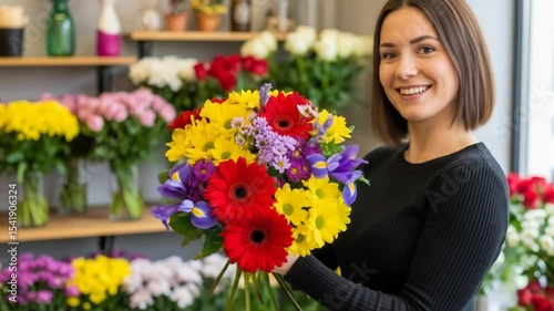 Smiling Woman Holding Colorful Flower Bouquet in Flower Shop