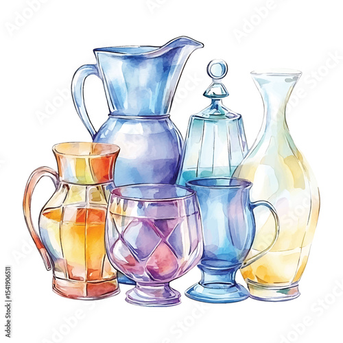 Watercolor illustration of glassware collection pitchers decanter and vase on transparent background