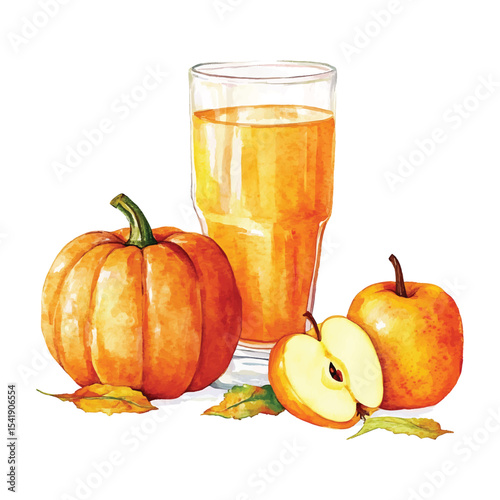 Watercolor style autumn harvest illustration with pumpkin apple juice and leaves
