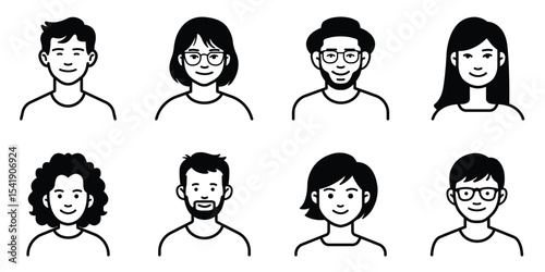 Social media avatars linear set. Men and women of different generations. Portrait of a male and female.  Flat vector collection isolated on a white background