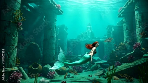 A serene underwater scene featuring a mermaid swimming through ancient ruins, with colorful marine life