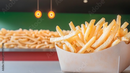 A basket of golden french fries sits on a counter in a retro-style diner, exuding a nostaic vibe and tempting aroma of delicious crispy potatoes, perfect for a classic American