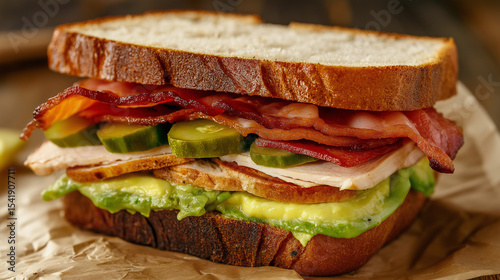 Close-up de um delicioso sanduíche de peru e bacon com abacate e picles photo
