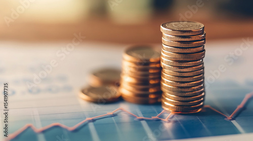 A stack of coins growing step by step with a line graph showing increasing profit.