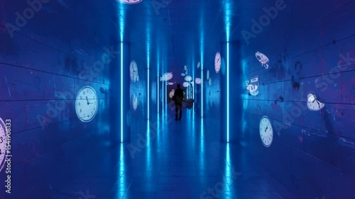 A silhouette of a person stands in a futuristic hallway adorned with glowing clocks, creating an intriguing atmosphere