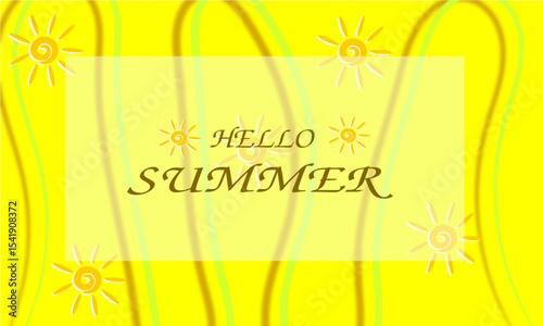 The "Hello Summer" greeting background with cheerful elements such as the sun, ice cream, and bright colors, brings a warm, fun and energetic feel typical of summer holidays.