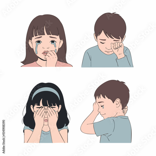Cute Flat Illustration of Sad Child Character Crying Expression