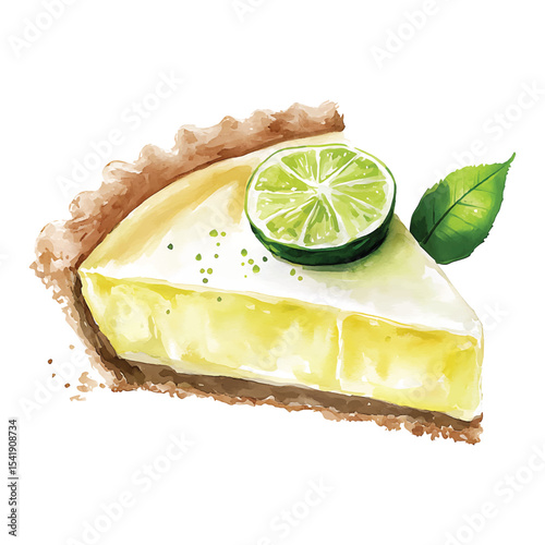 Watercolor illustration of key lime pie slice with lime on transparent background png vector