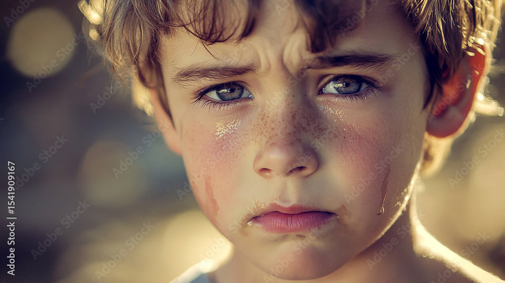 Obraz premium A young boy crying with tears on his cheeks, captured in a quiet emotional moment.
