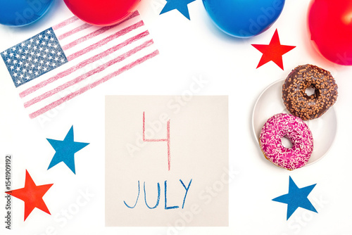 Painting American flag,July 4 picture greeting card,doughnuts,stars.Drawing flag of America.Independence day.Patriotic day concept.