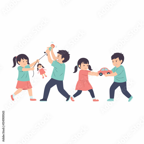 Flat Illustration Children Quarreling Over Toy Playtime Conflict Scene