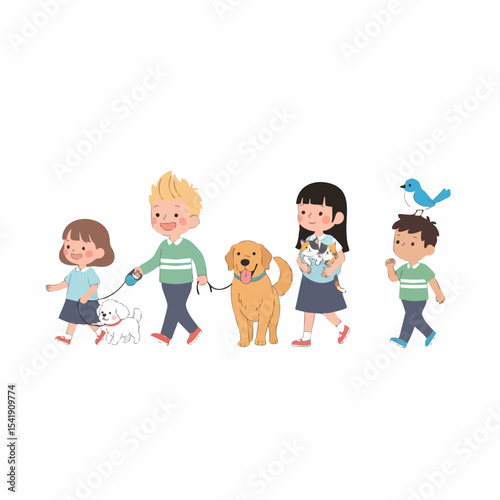 Cartoon Handdrawn Kids Walking with Pets Outdoor Activity Illustration