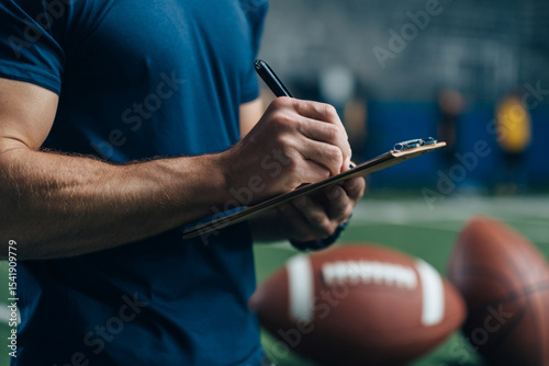Coach monitors practice and takes notes during football training session in indoor sports facility