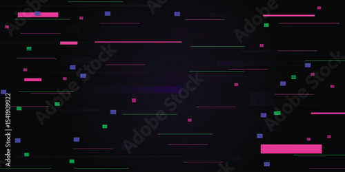 Glitch pixel backdrop. Data noise wide banner. Disintegration effect with color pixels. Digital abstract distortion and lines. Cyberpunk screen effect. Vector illustration